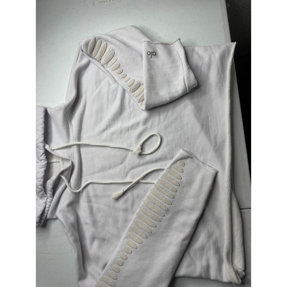 Alo Yoga Womens White Cropped Hoodie Beaded Sleeve Detail Raw Hem Pullover
